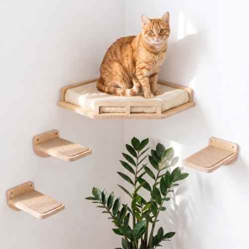INICIO Cat Wall Shelves and Steps, 4-Piece Wooden Cat Wall Furniture