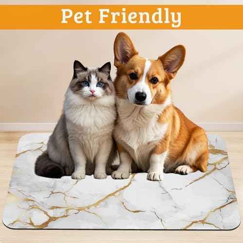 Abstract Marble Dog Food Mat,White Gold Absorbent Pet Feeding Mat for