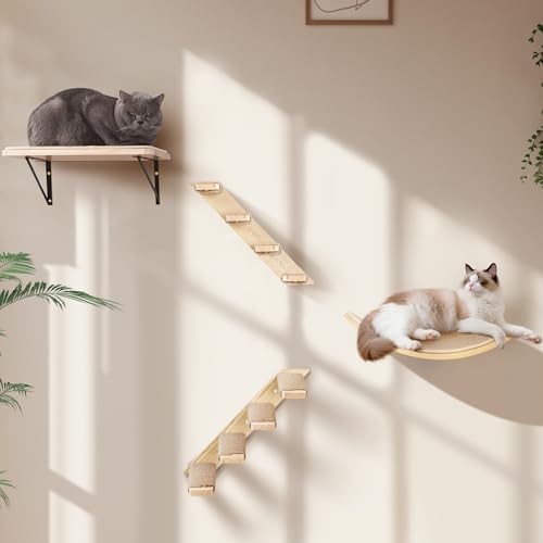 Cat Wall Shelves Set with Sisal Cats Stairs, 4 Piece Wooden Climbing