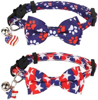 ADOGGYGO American Flag Cat Collar Breakaway with Bow Tie Bell - 2 Pack