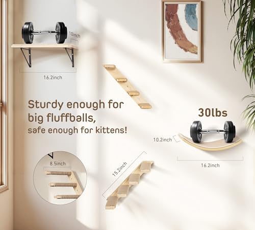 Cat Wall Shelves Set with Sisal Cats Stairs, 4 Piece Wooden Climbing