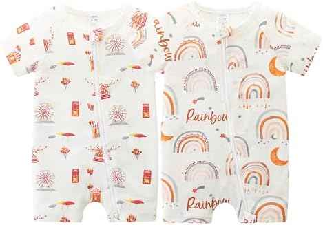 Unisex Summer Trendy 2-Pack Rompers Short Sleeve Zipped Bodysuit