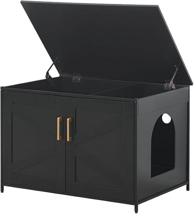 unipaws Black Top Opening Cat Litter Box Enclosure, Flip Top XL Extra Large Cat by unipaws