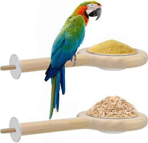 2 Pack Bird Perch Feeding Cup, Bowls for Cage Wooden Perch Stand