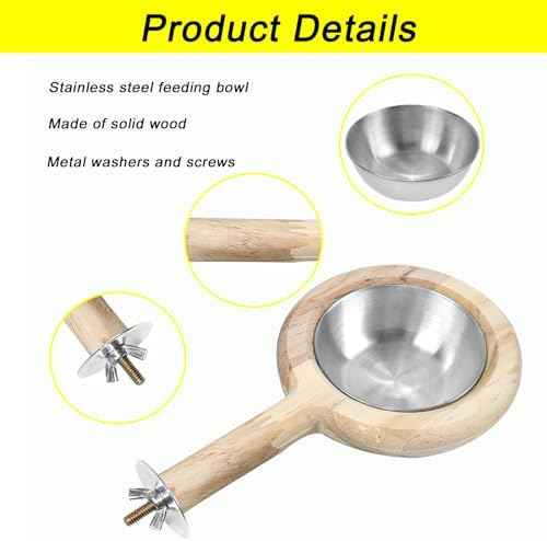 2 Pack Bird Perch Feeding Cup, Bowls for Cage Wooden Perch Stand