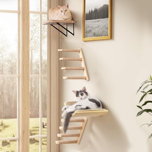 Cat Wall Shelves Set with Sisal Cats Stairs, 4 Piece Wooden Climbing