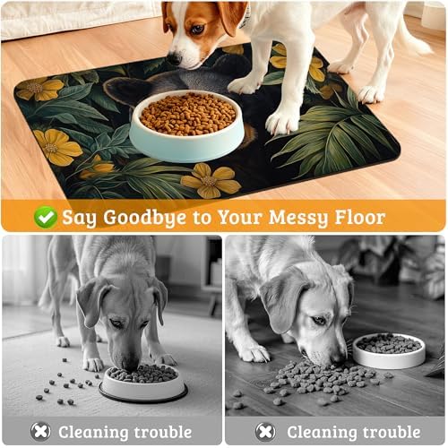 Brown Bear Dog Food Mat,Forest Absorbent Pet Feeding Mat for Food and