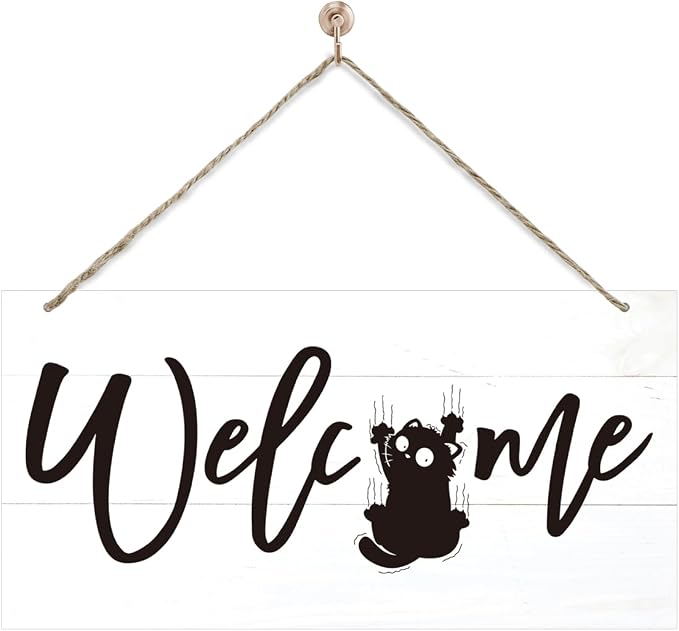 Welcome Sign for Front Door, Welcome Decor Wooden Hanging Sign for Cats Lover by corner+wind