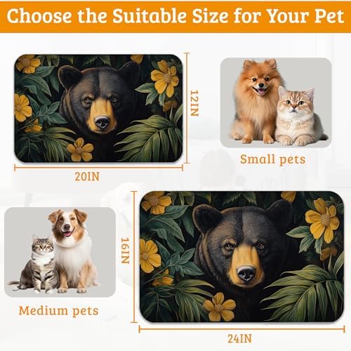 Brown Bear Dog Food Mat,Forest Absorbent Pet Feeding Mat for Food and