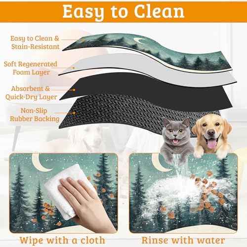 Pet Feeding Mat,Abstract Forest Absorbent Dog Cat Food Mat Moon Dog