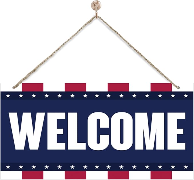 Welcome Sign for Front Door, Welcome Decor Wooden Hanging Sign, Patriotic by corner+wind