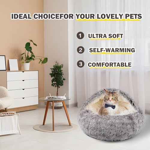 Cat Bed for Indoor Cats, Calming Cozy Cave with Self-Warming Plush