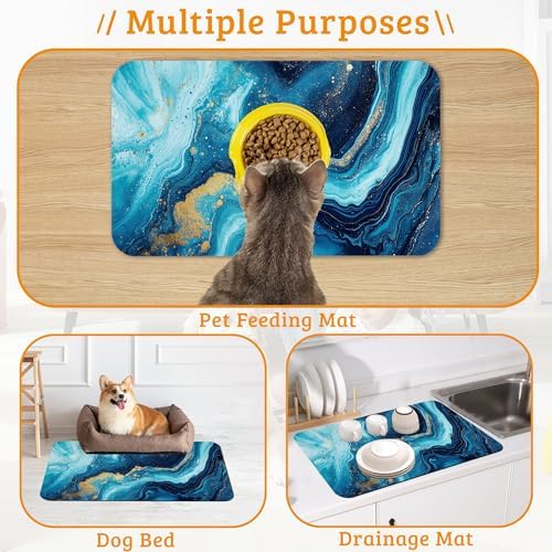 Dog Bowl Mat,Blue Gold Marble Pet Feeding Mat for Floors