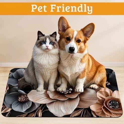 Black Brown Flower Feeding Mat,Artistic Absorbent Quick-Dry Cat Dog