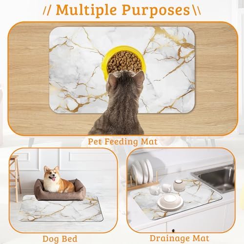 Abstract Marble Dog Food Mat,White Gold Absorbent Pet Feeding Mat for