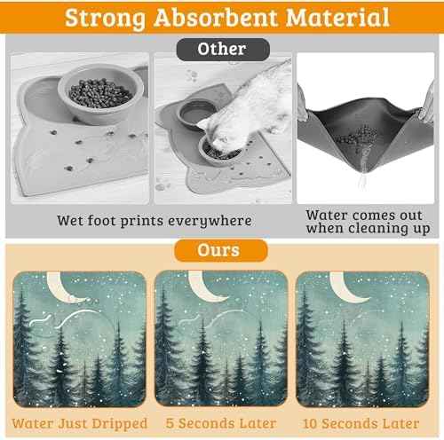 Pet Feeding Mat,Abstract Forest Absorbent Dog Cat Food Mat Moon Dog