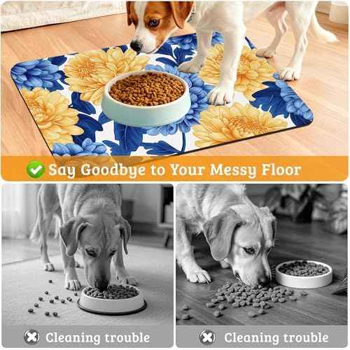 Blue Yellow Flowers Dog Food Mat, Absorbent Pet Feeding Mat for Food