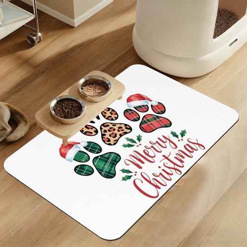 Dog Christmas Dog Food Mat–Absorbent Quick Dry Feeding Placemat for