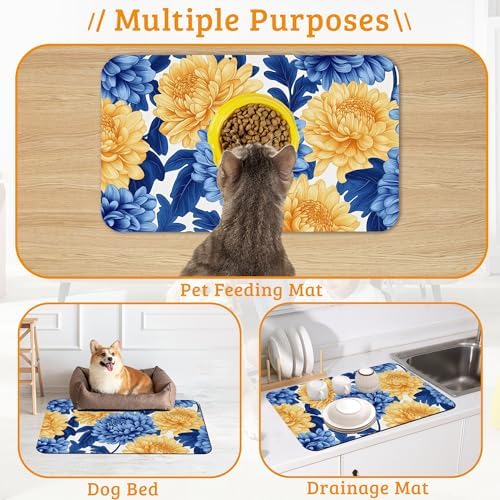 Blue Yellow Flowers Dog Food Mat, Absorbent Pet Feeding Mat for Food