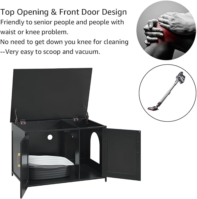 unipaws Black Top Opening Cat Litter Box Enclosure, Flip Top XL Extra Large Cat - Image 4