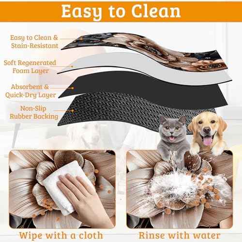 Black Brown Flower Feeding Mat,Artistic Absorbent Quick-Dry Cat Dog