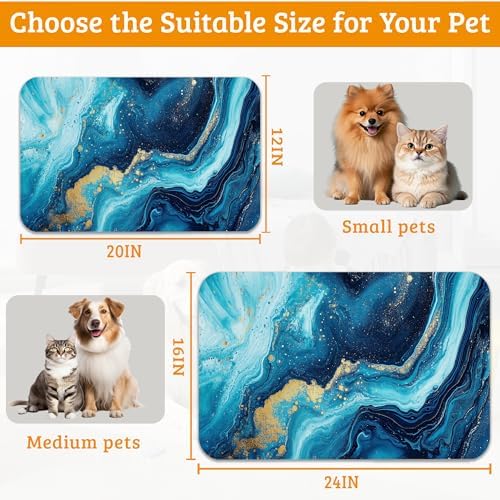 Dog Bowl Mat,Blue Gold Marble Pet Feeding Mat for Floors