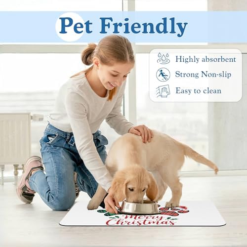 Dog Christmas Dog Food Mat–Absorbent Quick Dry Feeding Placemat for