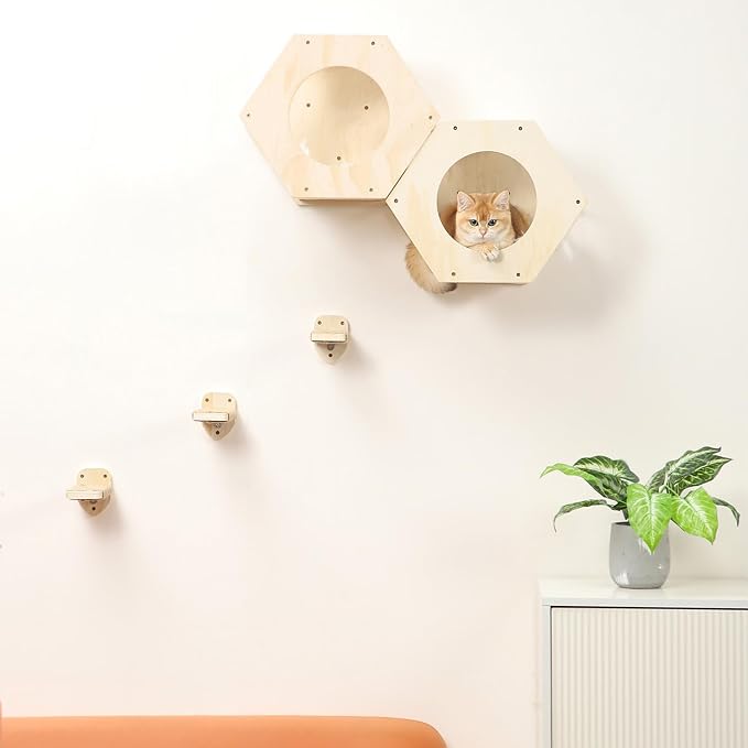 KATRIS Cat Shelves with 3 Steps Scratcher Post & Hammock, Wall Mounted Climbing - Image 3