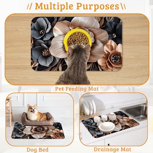 Black Brown Flower Feeding Mat,Artistic Absorbent Quick-Dry Cat Dog