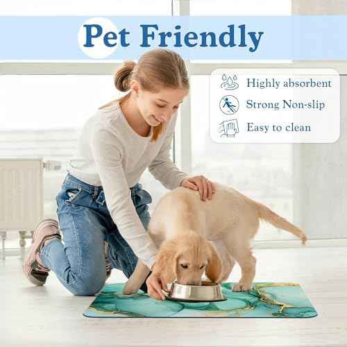 Green Marble Pet Feeding Mat for Floors–Absorbent Quick Dry Dog Cat