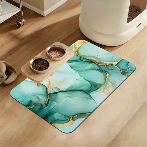 Green Marble Pet Feeding Mat for Floors–Absorbent Quick Dry Dog Cat