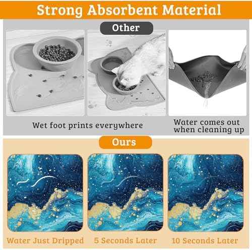 Dog Bowl Mat,Blue Gold Marble Pet Feeding Mat for Floors