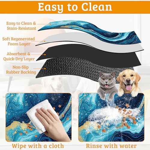 Dog Bowl Mat,Blue Gold Marble Pet Feeding Mat for Floors