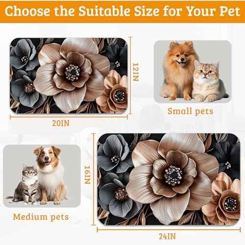 Black Brown Flower Feeding Mat,Artistic Absorbent Quick-Dry Cat Dog