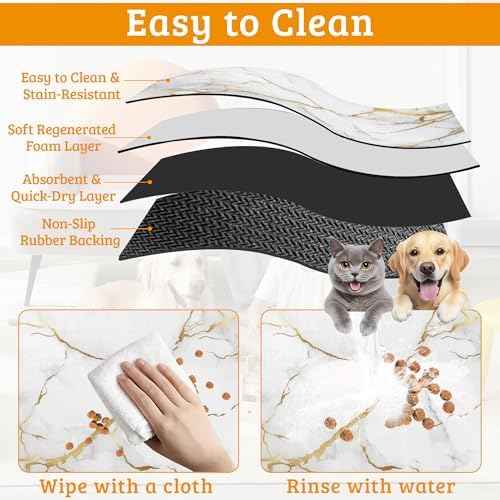 Abstract Marble Dog Food Mat,White Gold Absorbent Pet Feeding Mat for