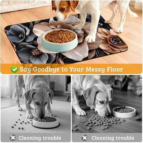 Black Brown Flower Feeding Mat,Artistic Absorbent Quick-Dry Cat Dog