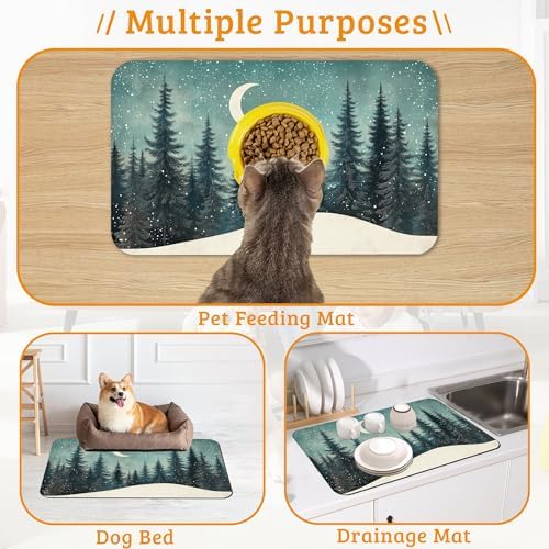 Pet Feeding Mat,Abstract Forest Absorbent Dog Cat Food Mat Moon Dog