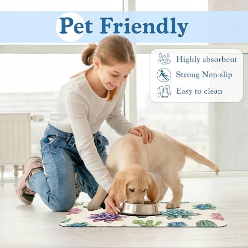 Cactus Flower Pet Feeding Mat for Floors–Absorbent Quick Dry Dog Cat