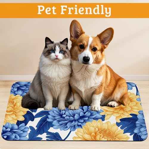 Blue Yellow Flowers Dog Food Mat, Absorbent Pet Feeding Mat for Food