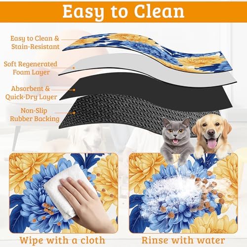 Blue Yellow Flowers Dog Food Mat, Absorbent Pet Feeding Mat for Food