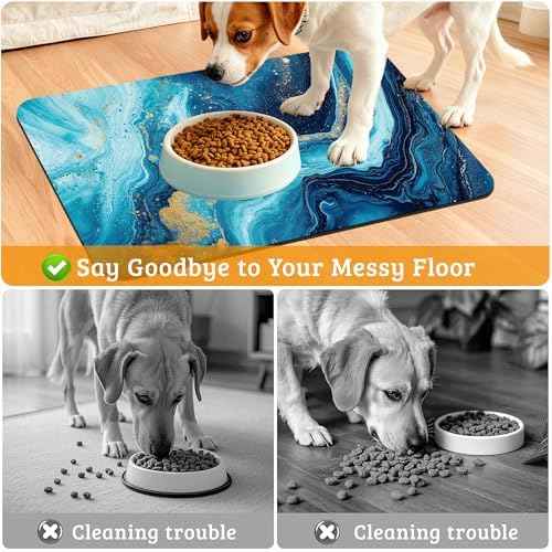 Dog Bowl Mat,Blue Gold Marble Pet Feeding Mat for Floors