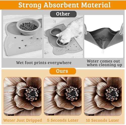 Black Brown Flower Feeding Mat,Artistic Absorbent Quick-Dry Cat Dog