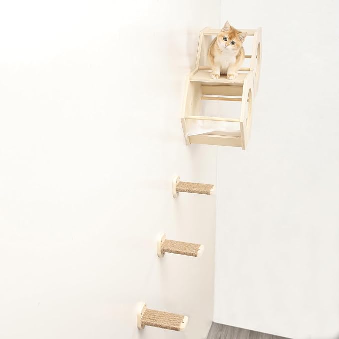 KATRIS Cat Shelves with 3 Steps Scratcher Post & Hammock, Wall Mounted Climbing - Image 8