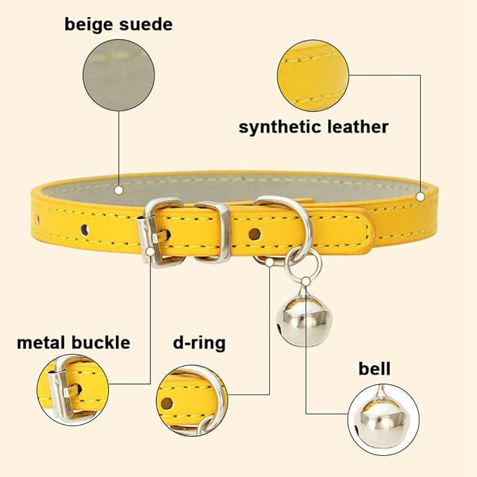 Khaki XXS Dog Collar with Bell, Soft Pu Leather Cat Collars Adjustable Buckle - Image 4