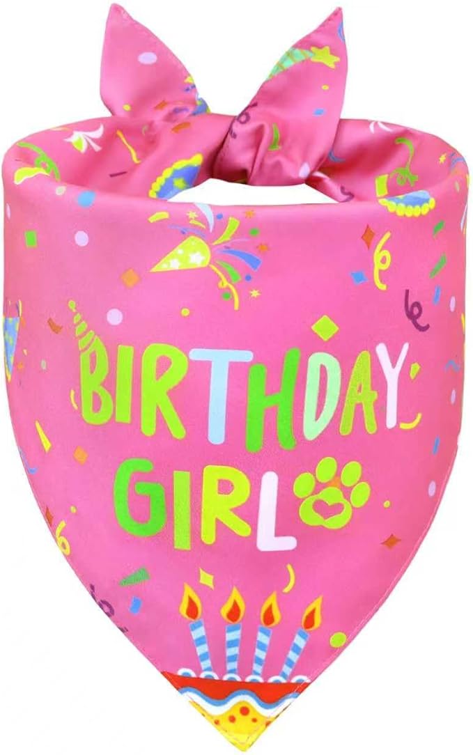 Dog Birthday Bandana Girl for Small Dogs, Reversible 2 Patterns in 1, Happy by WoffBow