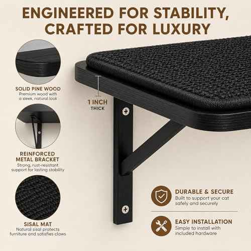 Cat Wall Shelves Set of 2, Black Solid Wood Window Perches with Sisal