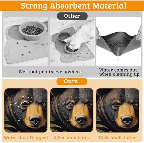 Brown Bear Dog Food Mat,Forest Absorbent Pet Feeding Mat for Food and