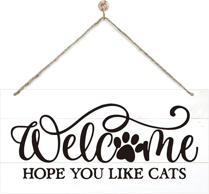 Welcome Sign for Front Door, Welcome Decor Wooden Hanging Sign for Cats Lover by corner+wind