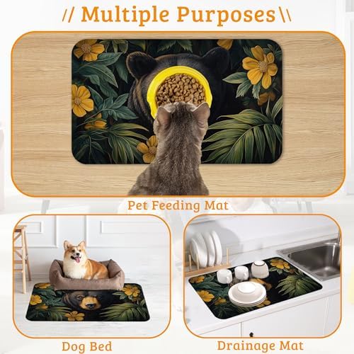 Brown Bear Dog Food Mat,Forest Absorbent Pet Feeding Mat for Food and