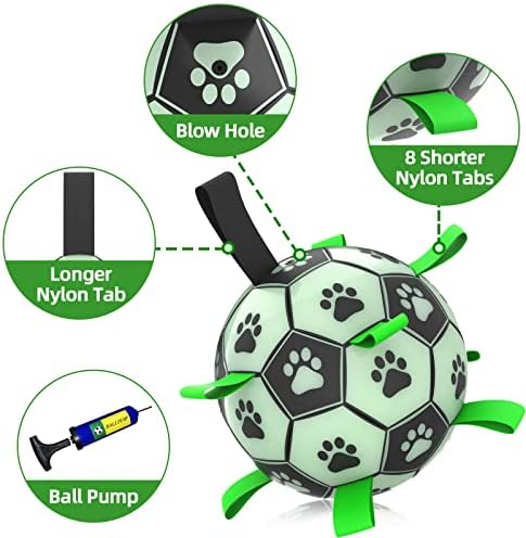 Glow in The Dark Dog Toys, 8'' Dog Soccer Ball with Straps Upgraded